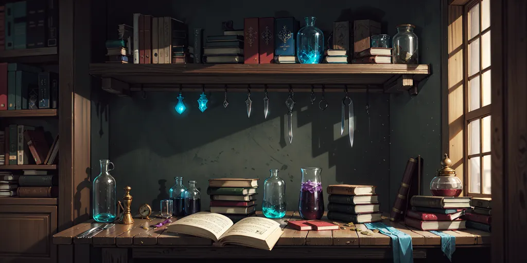 La imagen es una ilustración fantástica del estudio de un mago. La habitación está tenuemente iluminada y abarrotada de libros, pociones y otros objetos mágicos. Hay un gran escritorio de madera en el centro de la habitación y una ventana en el lado derecho. Las paredes están forradas de estanterías y hay una gran chimenea en la esquina. El suelo está cubierto de una gruesa capa de polvo.