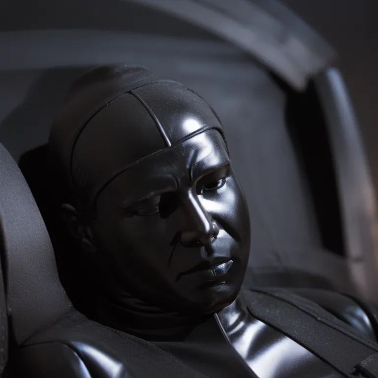 A black sculpture of a human head and torso sits in a black leather chair against a black background. The sculpture is wearing a black cap and has its eyes closed. The sculpture's face is expressionless.