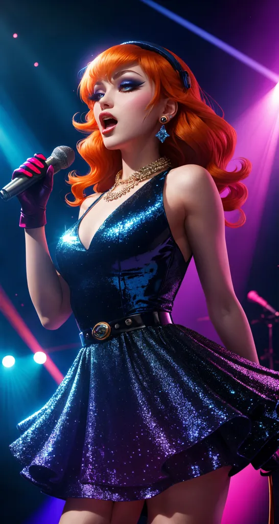 The image shows a woman with long red hair wearing a blue sparkly dress and a black belt singing into a microphone. She is standing on a stage with bright lights in the background. She is wearing a glove on her right hand. She has a necklace and earrings on. Her makeup is very dramatic with dark eyeshadow and bright red lipstick.