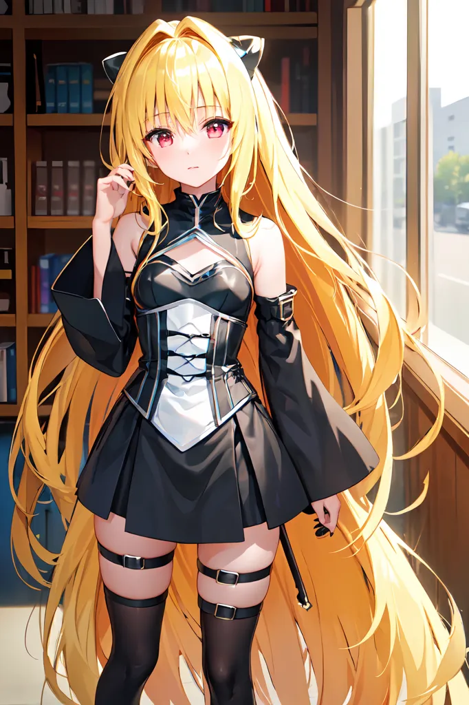 The image is an anime-style illustration of a young woman with long, wavy yellow hair and red eyes. She is wearing a black and white dress with a corset-like bodice and a pleated skirt. She is also wearing black thigh-high stockings and black boots. The woman is standing in a library, and there are bookshelves and a window behind her.