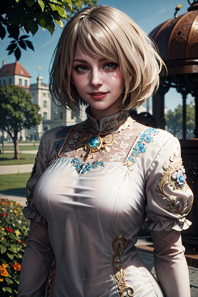 This image shows a young woman with short blonde hair and blue eyes. She is wearing a white dress with a blue and gold necklace. The dress has a high collar and is trimmed with gold and blue lace. The woman is standing in a garden, with a large tree behind her.