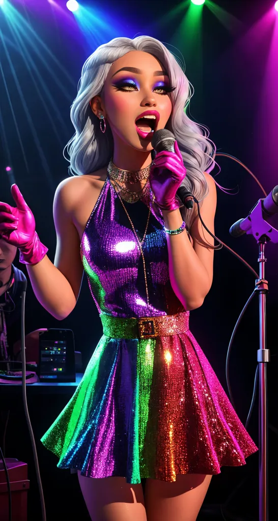 This is an image of a woman in a sparkly dress singing into a microphone. She has long white hair, purple eyeshadow, and pink lipstick. She is wearing a rainbow-colored skirt and a silver belt. She is also wearing gloves and a lot of jewelry. She is standing in front of a dark background with bright lights shining on her. There is a man in the background playing the drums.