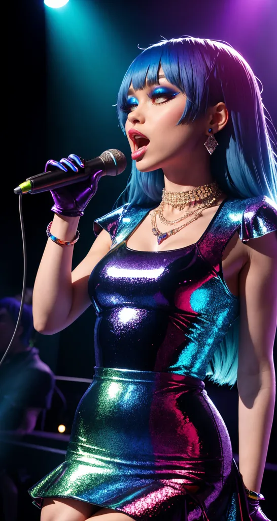 This is an image of a woman on stage, singing into a microphone. She is wearing a sparkly blue dress and has blue hair. She is also wearing a lot of jewelry. The background is dark and there are spotlights on her.