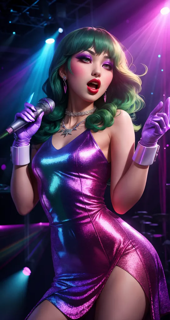 The image shows a woman with green hair, pink blush, and red lipstick. She is wearing a purple and blue sparkly dress with a high slit and a silver necklace. She is holding a microphone in her right hand and has her left hand raised in the air. She is standing on a stage with bright lights in the background.