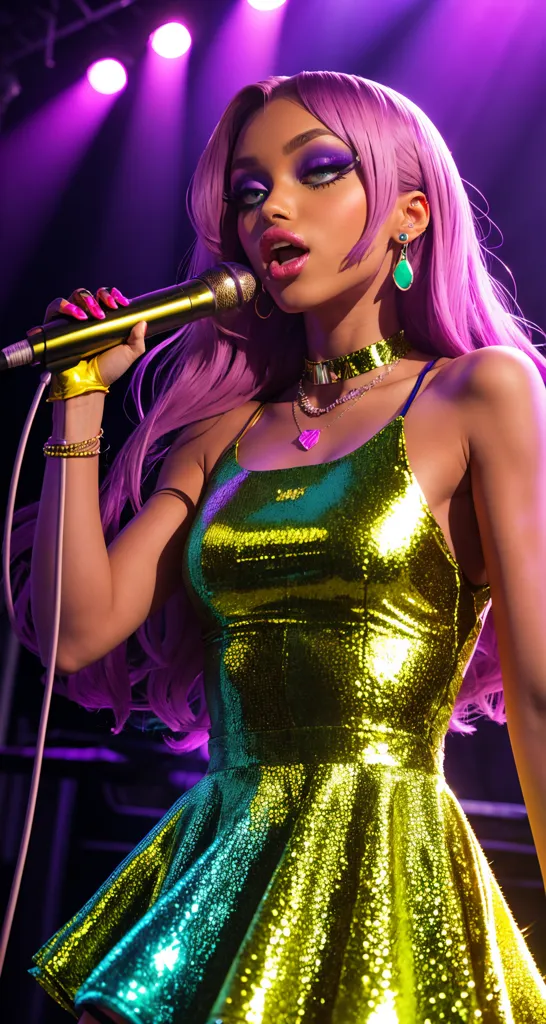 The image shows a woman with long pink hair, dark skin, and purple eyeshadow. She is wearing a green and yellow sparkly dress and singing into a microphone. She is standing on a stage with purple lights shining on her.