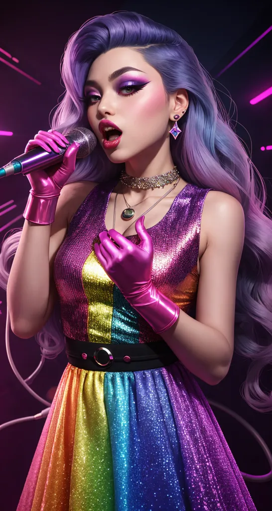 The image shows a woman with long purple hair, wearing a sparkly rainbow dress and black gloves. She is holding a microphone and singing. She has a lot of make-up on and is wearing a lot of jewelry. She is standing in front of a dark background with bright lights.