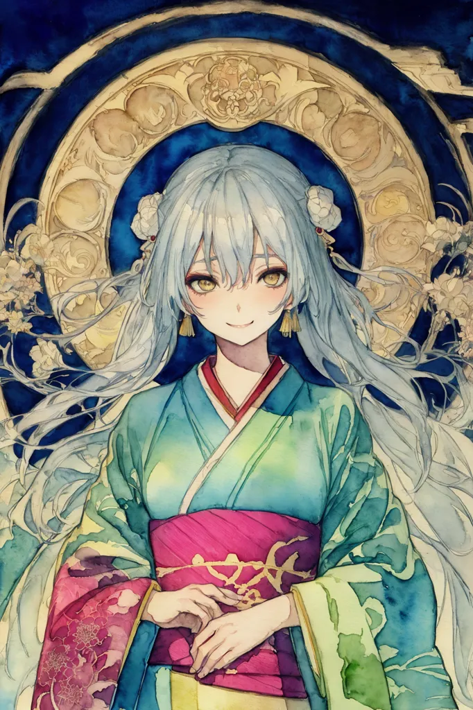 La imagen es una pintura de una mujer joven con un kimono. Tiene el cabello largo y blanco y ojos amarillos. Lleva un kimono azul y verde con un obi rosa. El fondo es de un azul oscuro con un halo dorado. La pintura está en un estilo realista y la mujer se representa de una manera tradicional japonesa.