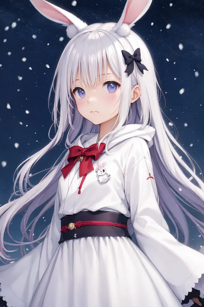 La imagen es de una chica de anime con el cabello blanco largo y ojos morados. Lleva un vestido blanco con un fajín rojo y un lazo negro en el cabello. También tiene orejas y cola de conejo. El fondo es un cielo nocturno estrellado con copos de nieve cayendo.