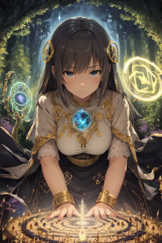 The image is of an anime-style girl with long brown hair and blue eyes. She is wearing a white and gold dress with a black cape. She is kneeling on the ground in front of a glowing blue crystal. She has her hands outstretched above the crystal. There are several other glowing symbols floating around her. She is in a forest setting with green trees and purple flowers.