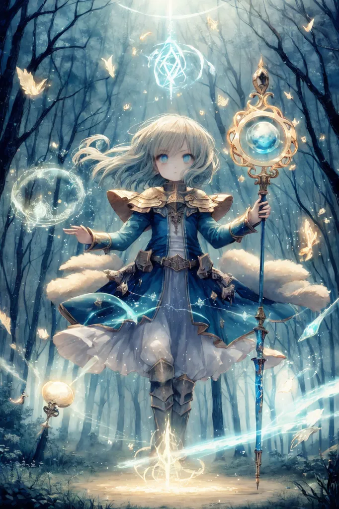 The image is of a young girl, with long white hair and blue eyes, wearing a blue and white dress with a white cape. She is standing in a forest, with a staff in her hand. The staff is topped with a blue crystal, and there are several butterflies flying around her. The girl is surrounded by several magical orbs. She has a determined look on her face, as if she is about to cast a spell.