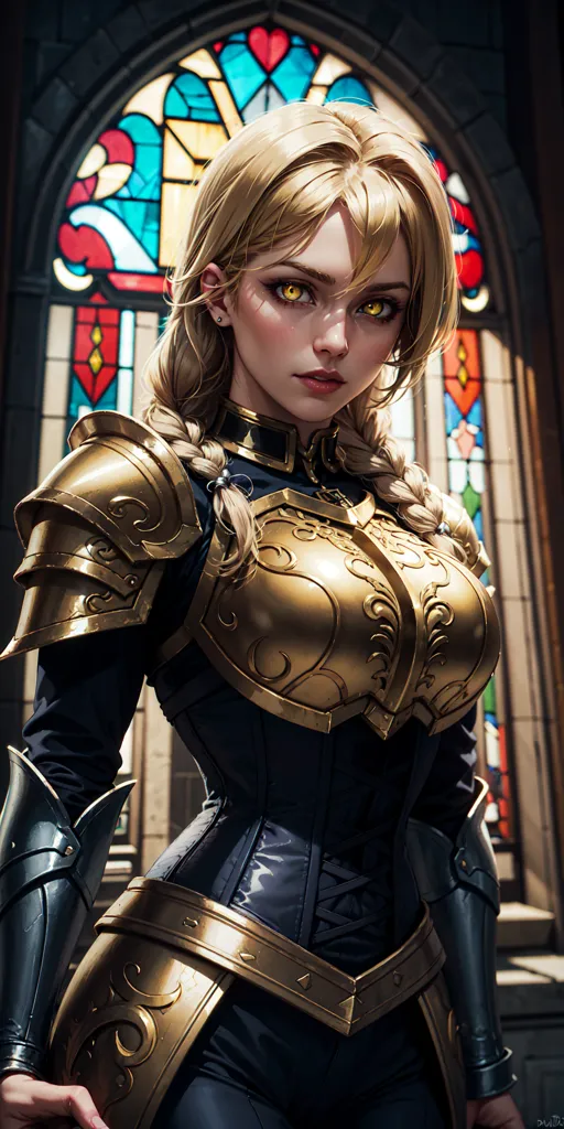 The image shows a woman in a golden armor with a black corset. She has blonde hair and yellow eyes. She is standing in front of a stained glass window.