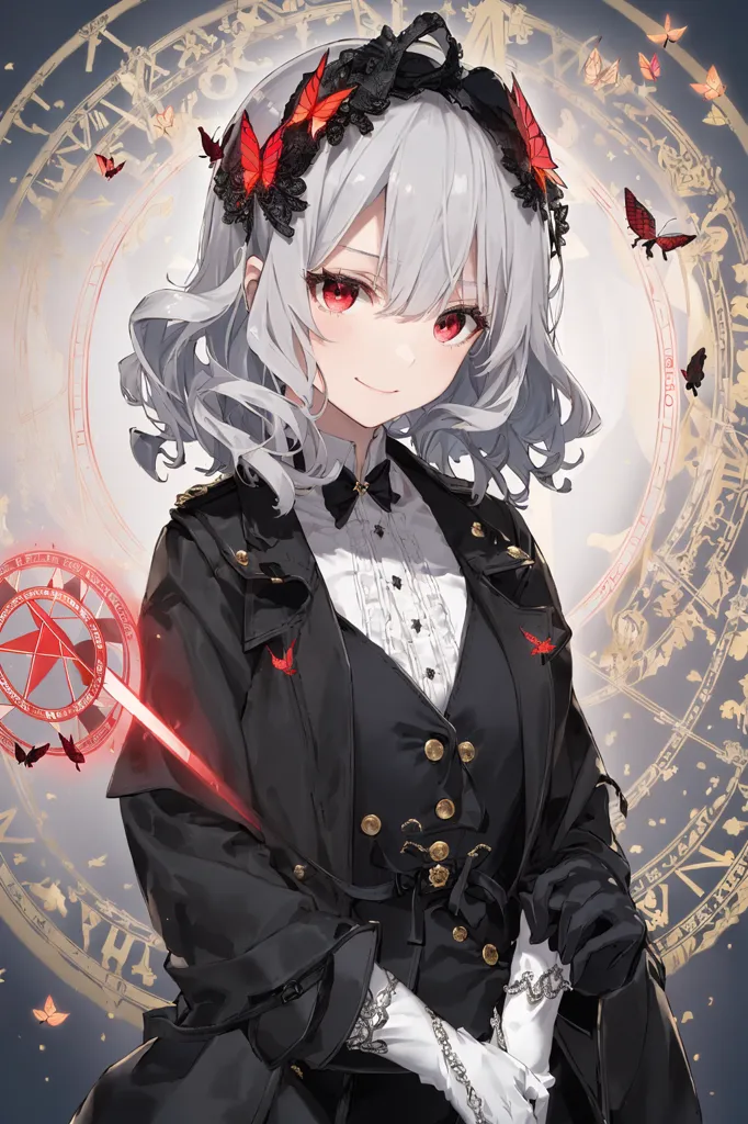 The image is a portrait of a young woman with white hair and red eyes. She is wearing a black military-style coat with gold buttons and a white cravat. She has a black and red butterfly in her hair and is holding a red wand. There are butterflies and gears floating around her. The background is a light gold color with a clock design.