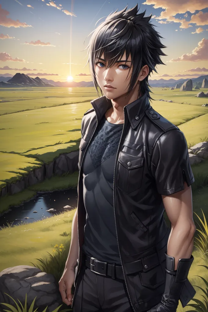 The image shows a young man with black hair and blue eyes. He is wearing a black leather jacket with a white shirt underneath. He is also wearing a black belt and black pants. He is standing in a field of green grass with a river and large rock outcropping behind him. There are also some mountains in the distance. The sun is setting in the background. The sky is a gradient of orange, yellow, pink, and blue.