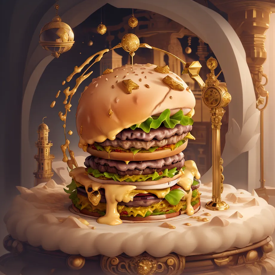 This is a digital painting of a hamburger. The hamburger is very large and is sitting on a marble table. The hamburger has two beef patties, cheese, lettuce, tomato, and onion. There is also a golden sauce dripping down the side of the hamburger. In the background, there is a golden clock.