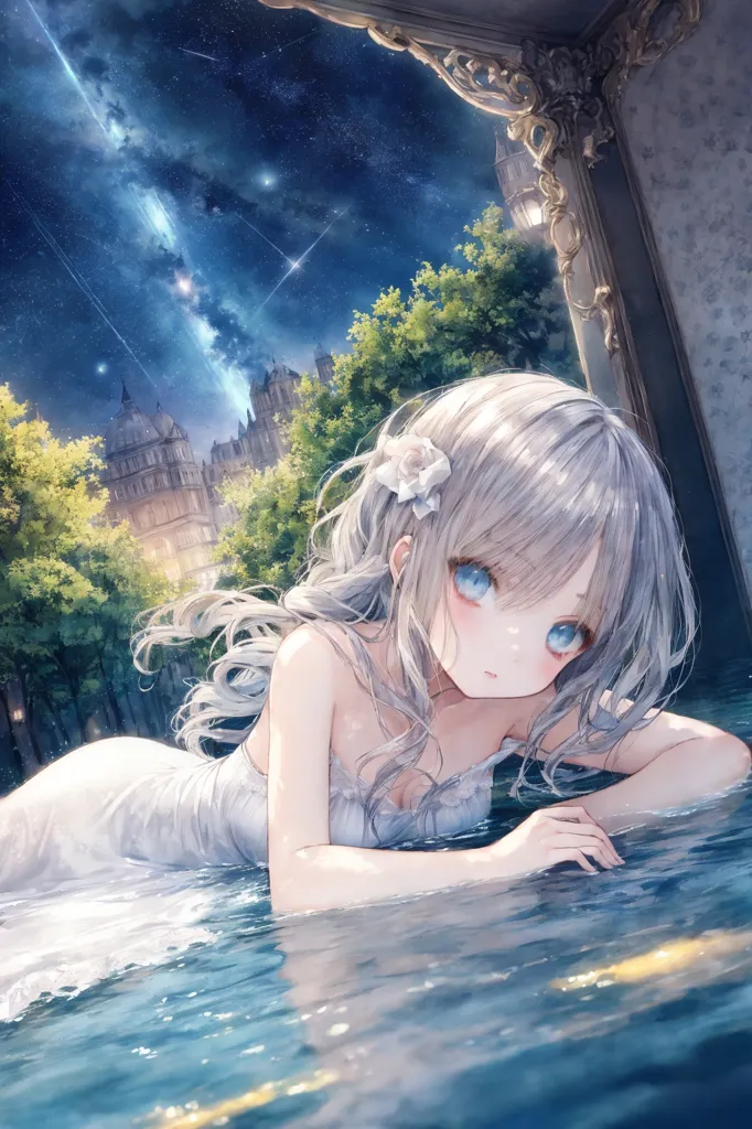 The image is a painting of a beautiful anime girl with long white hair and blue eyes. She is wearing a white dress and is lying on a marble floor. There is water on the floor, and she is reflected in the water. The background of the painting is a night sky with many stars. There is a large castle in the distance. The painting is very detailed, and the artist has used a lot of different colors to create a realistic and beautiful image.