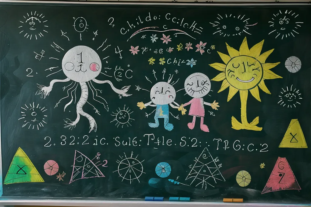 The image shows a blackboard with a lot of drawings on it. There are some suns, flowers, and a few abstract drawings. There are also some geometric shapes, such as triangles and circles. The blackboard is divided into two parts. The left part has a large drawing of a person with a lot of arms and legs. The person is smiling and has a big head. The right part has a drawing of two people holding hands. There is also a large sun in the background. The blackboard is very colorful and has a lot of different things drawn on it.