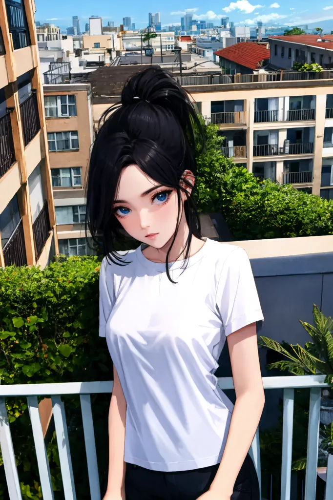 The image is a portrait of a young woman with long black hair tied in a ponytail. She is wearing a white T-shirt and black shorts. She is standing on a rooftop in an urban setting, with a city skyline in the background. The image is rendered in a realistic style, with soft shading and detailed textures. The woman's expression is serious and thoughtful. She is looking at the viewer with her blue eyes.