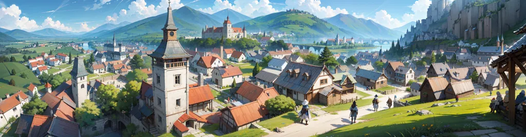 The image is a panoramic view of a medieval town. The town is located in a valley and is surrounded by mountains. A river runs through the town. The town is made up of many different buildings, including houses, shops, and a church. There are also a few trees and gardens in the town. The people in the town are wearing medieval clothing. The image is very detailed and realistic.