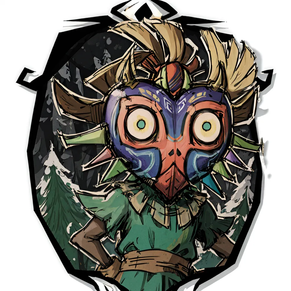 The image is of Skull Kid, a character from the Legend of Zelda series. He is wearing a mask that resembles a skull, and his eyes are wide and staring. He is standing in a forest, and there are trees all around him. The image is drawn in a cartoon style, and the colors are bright and vibrant.