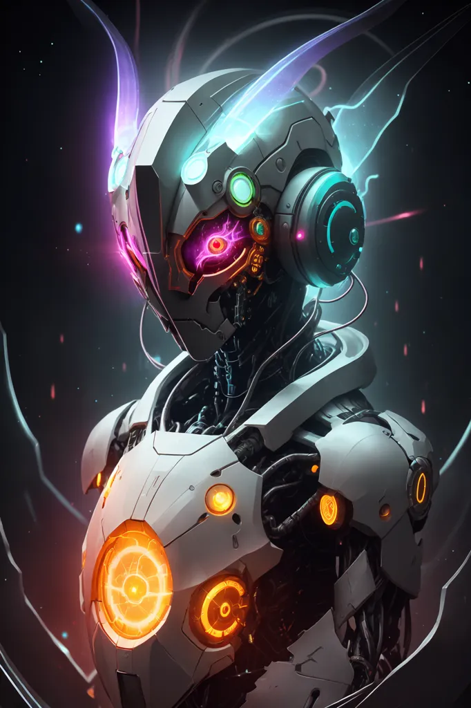 The image is a digital painting of a robot. The robot is white and has blue and pink glowing details. It is wearing a helmet with a visor and has a glowing eye. The robot is also wearing headphones. There are glowing lines coming from the back and sides of the head. The background is dark with some glowing stars.