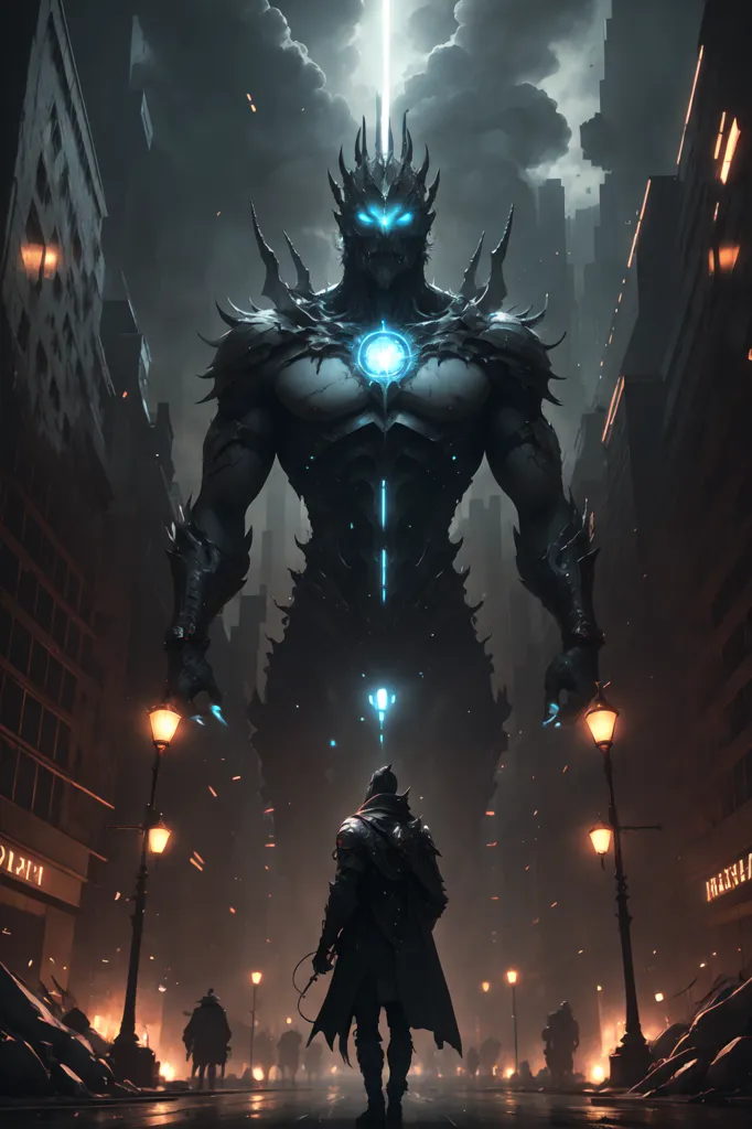 The image is a dark and stormy night. A large, muscular demon with blue glowing eyes, wearing black armor is standing in the middle of a street. The demon is looking down at a human man, who is standing in front of him. The man is wearing a black coat and a hat. He has a sword in his hand. There are several other humans standing behind the man, all of them armed with weapons. The demon has a large, glowing blue orb in its chest. The orb is pulsing with energy. The demon is surrounded by a dark aura. The image is full of tension and suspense. It is unclear what is going to happen next.