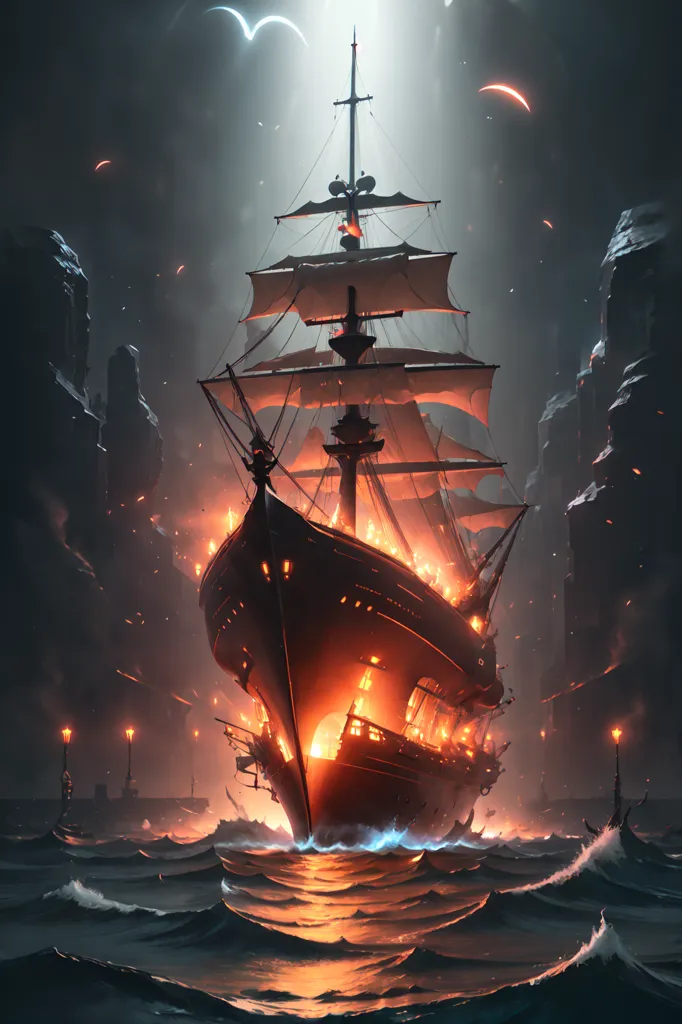 The image is a dark and stormy night. A large, wooden ship is on fire, and it is being pushed toward a rocky coast by the wind and waves. The ship is listing to one side as flames engulf the deck. The ship is in distress, and it appears that it will sink soon.