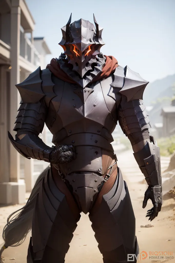 The image is of a person in a suit of black armor. The armor is made of metal and has orange glowing eyes. The person is standing in a desert-like area. There are buildings in the background. The person is wearing a helmet that has a skull-like face. The armor has several belts and straps. The person is also wearing a red scarf.