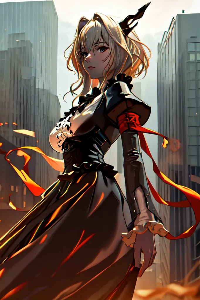 The picture shows a young woman standing in a ruined city. She has blonde hair and blue eyes, and she is wearing a black dress with a red sash. The woman is surrounded by rubble and debris, and the buildings in the background are in ruins. The sky is dark and cloudy, and there is a sense of foreboding in the air.