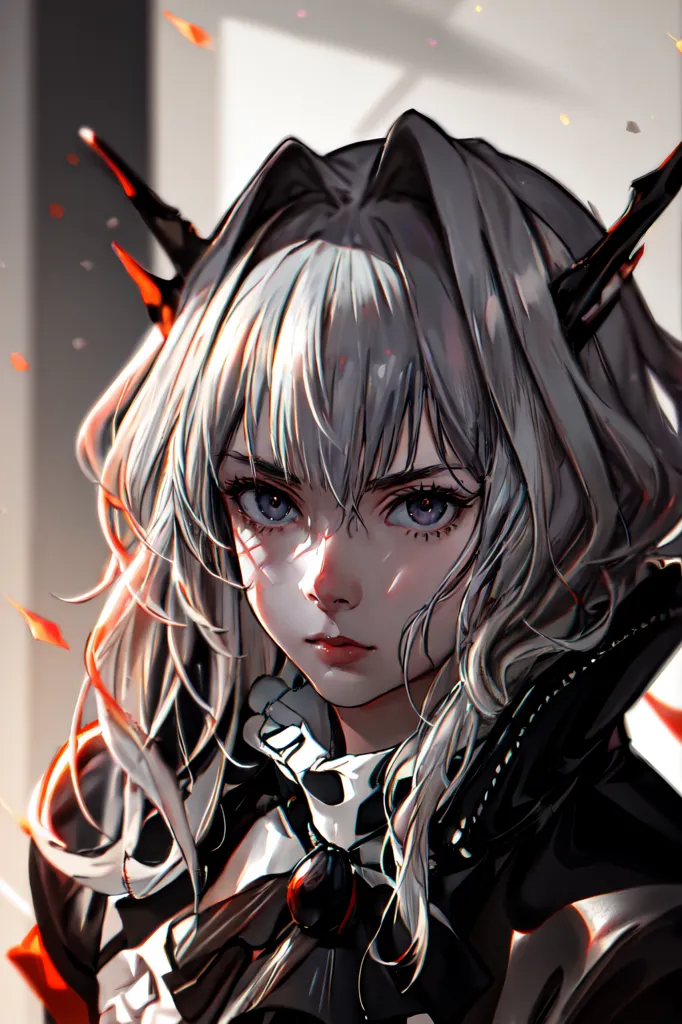 The image is a digital painting of a young woman with silver hair and red eyes. She is wearing a black and red dress with a white collar. She has a serious expression on her face. There are flames in the background.