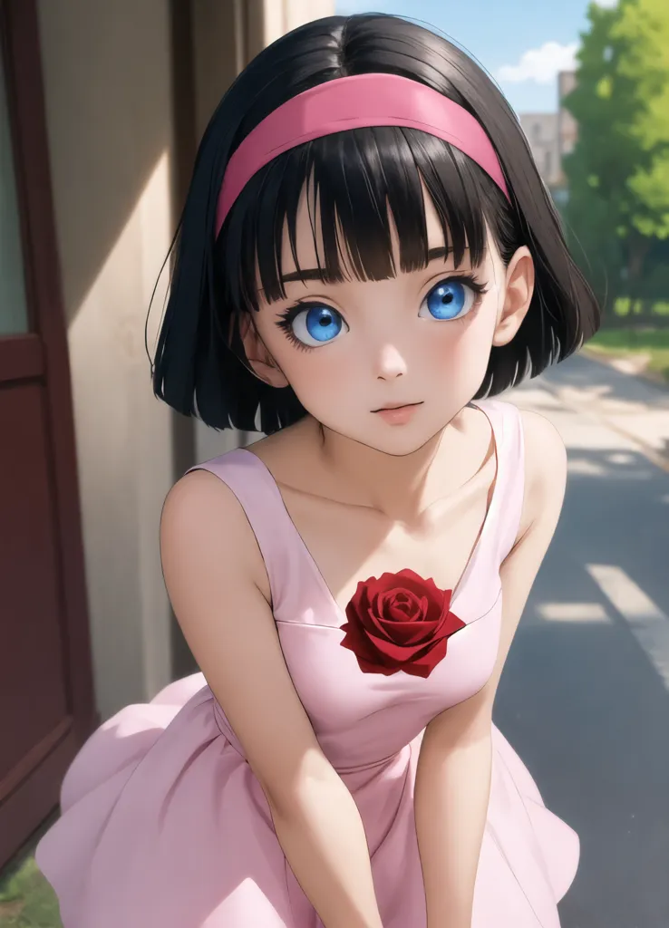 The image is a digital painting of a young girl with short black hair and blue eyes. She is wearing a pink dress and a pink headband. There is a rose on her chest. The girl is standing in a park, surrounded by trees. The background is blurry.