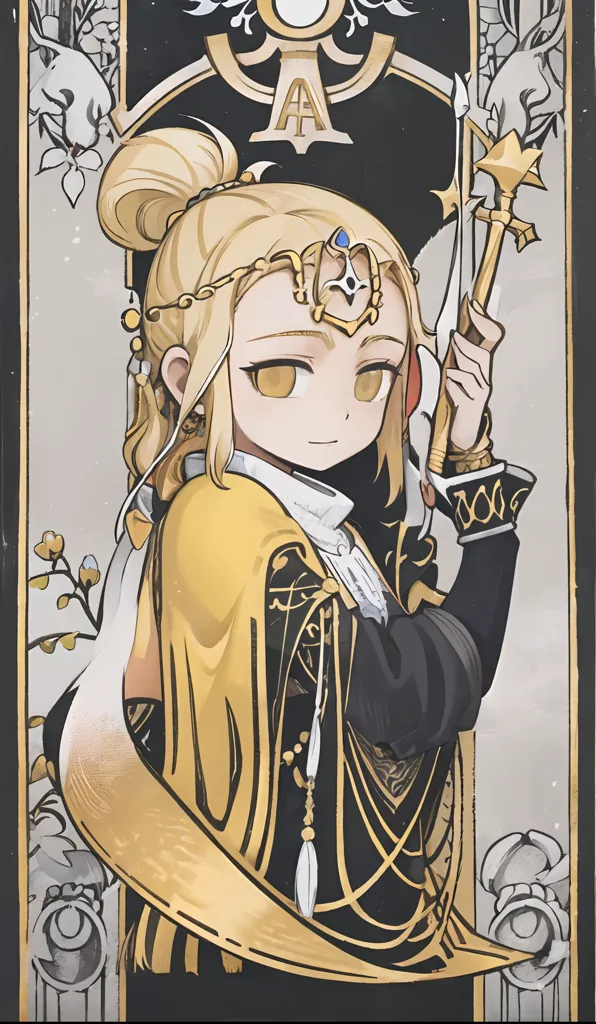 The image is of a young woman with long blonde hair and gold eyes. She is wearing a black and gold dress with a white cape. She is also wearing a crown and holding a scepter. The background is white with a gold border. There is a symbol at the top of the image that is made up of a circle with a cross in it. The woman is smiling and has a confident expression on her face.