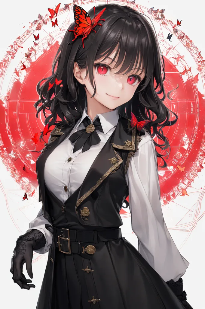 This is an image of a young woman with long black hair and red eyes. She is wearing a black and white outfit with a red butterfly on her chest. There are also red butterflies in her hair and around her. The background is white with a red circle in the middle. The woman is looking at the viewer with a serious expression.