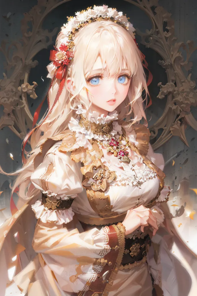 The image is a painting of a beautiful young woman with long blonde hair and blue eyes. She is wearing a white and gold dress with a red ribbon in her hair. She is standing in front of a mirror, and there are flowers in the background. The painting is done in a realistic style, and the woman's expression is one of sadness.