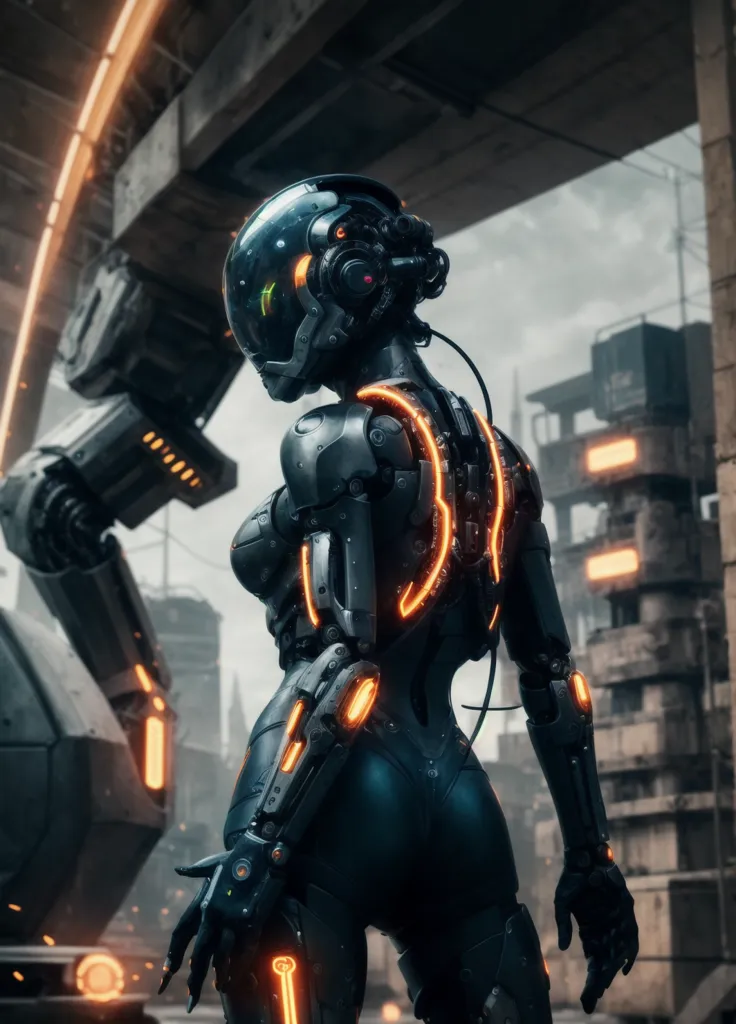 L'image représente une cyborg féminine debout dans une ville sombre et en ruines. La cyborg porte une combinaison noire et grise avec des reflets orange. La combinaison couvre tout son corps, y compris sa tête, et a un design futuriste. Les yeux de la cyborg brillent en orange et elle a une petite lumière orange sur la poitrine. Elle porte également un casque avec une visière. L'arrière-plan de l'image est une ville sombre et en ruines. Il y a de grands bâtiments et structures en arrière-plan, mais ils sont tous en ruines. Le ciel est sombre et nuageux.