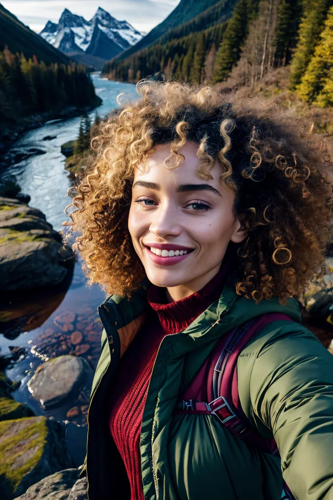 A imagem mostra uma jovem mulher com cabelos encaracolados sorrindo para a câmera. Ela está em pé diante de uma bela paisagem de montanhas com um rio na frente. A água do rio é cristalina, com rochas projetando-se dela. As montanhas ao fundo estão cobertas de neve. A mulher está usando um casaco verde e um suéter vermelho. Ela tem uma mochila nas costas. Ela parece feliz e relaxada.