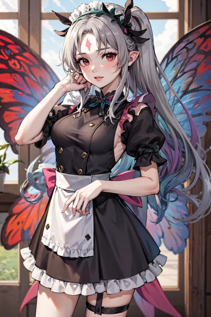 La imagen es de una hermosa chica de anime con cabello plateado largo y ojos rojos. Ella está usando un uniforme de sirvienta negro y blanco con un patrón rojo y azul tipo mariposa en las mangas y un moño rosa y azul tipo mariposa en el pecho. También tiene alas tipo mariposa con el mismo patrón que sus mangas. Ella está de pie frente a una ventana y hay una planta en el alféizar.