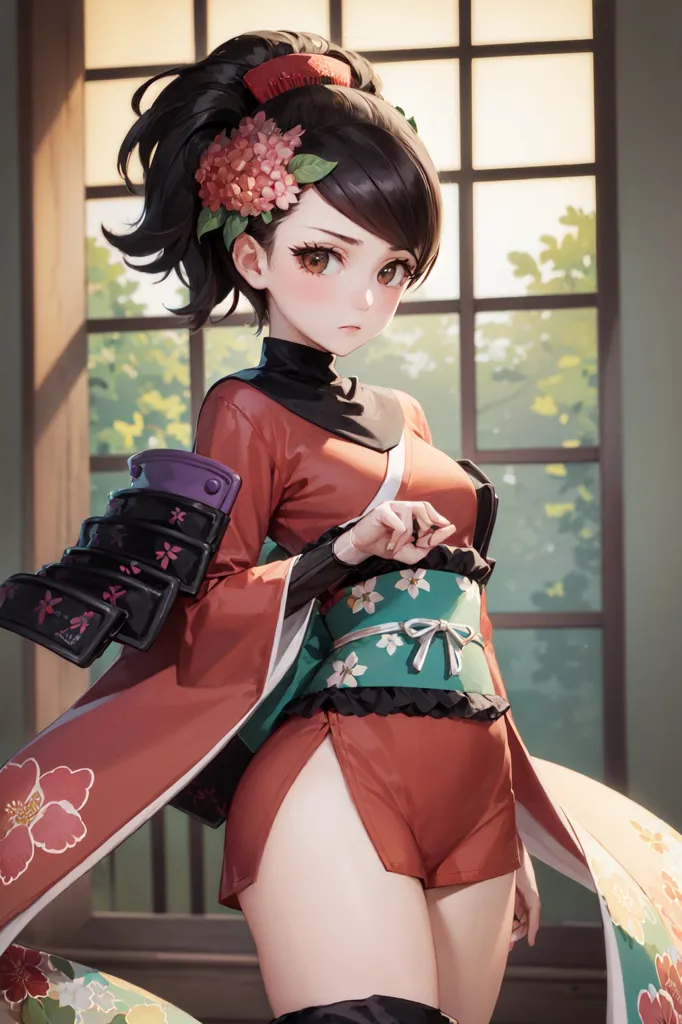 The image depicts a young woman in a red and white kimono with a green obi sash and black boots. She has brown hair tied in a ponytail with pink and white flowers in it. She is standing in a room with a shoji screen in the background.