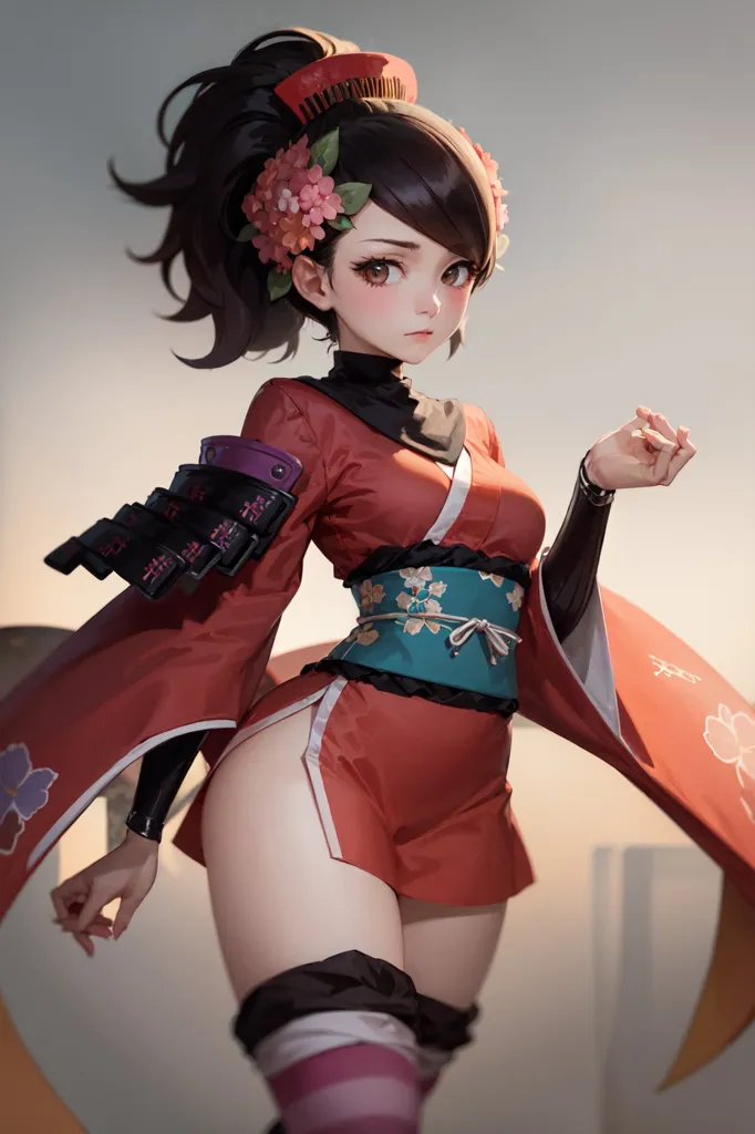 The image depicts a young woman dressed in a red and white kimono-style outfit. She has brown hair tied in a ponytail and decorated with pink and white flowers. The woman has brown eyes and is looking at the viewer with a serious expression. She is wearing a black glove on her right hand and has a sword attached to her waist. The background is a blurred cityscape with a large building in the distance.