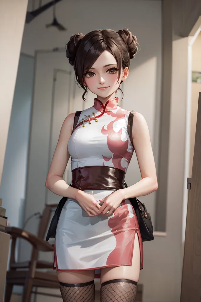 The image shows a young woman standing in a room. She is wearing a white and pink cheongsam with a high collar and a slit at the side. The cheongsam is sleeveless, and she is wearing a brown belt at the waist. She has her hair in two buns on top of her head and is wearing brown stockings. She is looking at the viewer with a shy smile on her face.