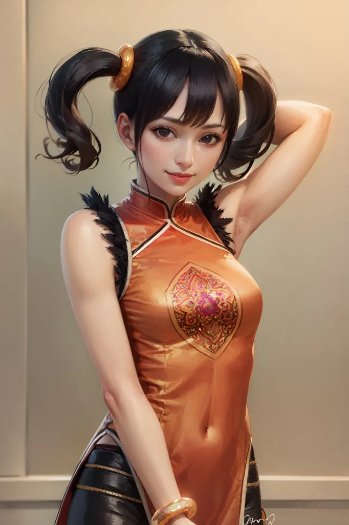 The image shows a young woman with long black hair tied in two ponytails. She is wearing a sleeveless orange cheongsam with black trim and gold accents. The cheongsam has a high collar and a low neckline, and it is cinched at the waist with a wide black belt. She is also wearing black pants and gold hoop earrings. The woman is standing with her left hand on her hip and her right hand holding her hair. She has a confident smile on her face, and she is looking at the viewer. The background is a blurry light brown.