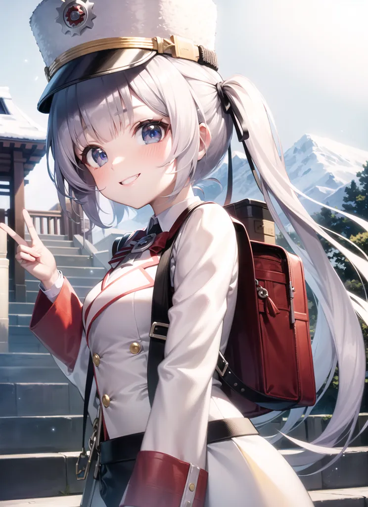 The image shows a young girl with long white hair and blue eyes. She is wearing a white military-style uniform with a red armband and a red hat with a white brim. She is also wearing a brown bag over her shoulder. She is standing in front of a stone building with a large door and a staircase leading up to it. There are trees and mountains in the background. The girl has a friendly expression on her face and is making a peace sign with her right hand.