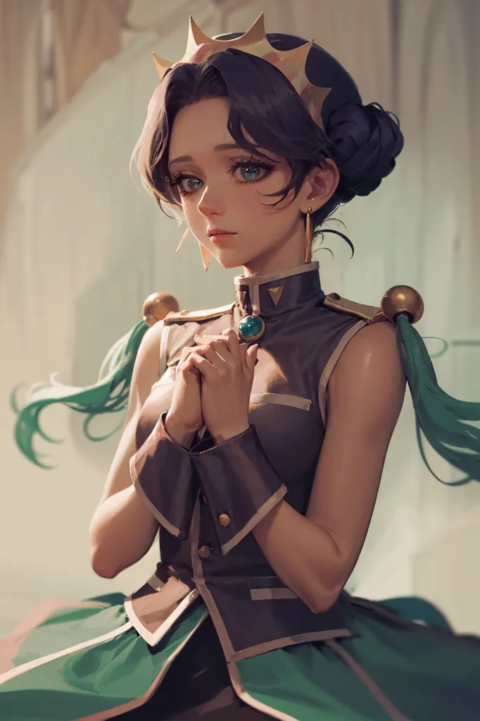 L'image montre une belle fille d'anime aux cheveux bruns et aux yeux verts. Elle porte une tenue militaire de style vert et marron avec des épaulettes dorées et une jupe verte. Elle porte également une couronne dorée et a des rubans verts dans les cheveux. Elle se tient devant un fond blanc et a une expression triste sur le visage.