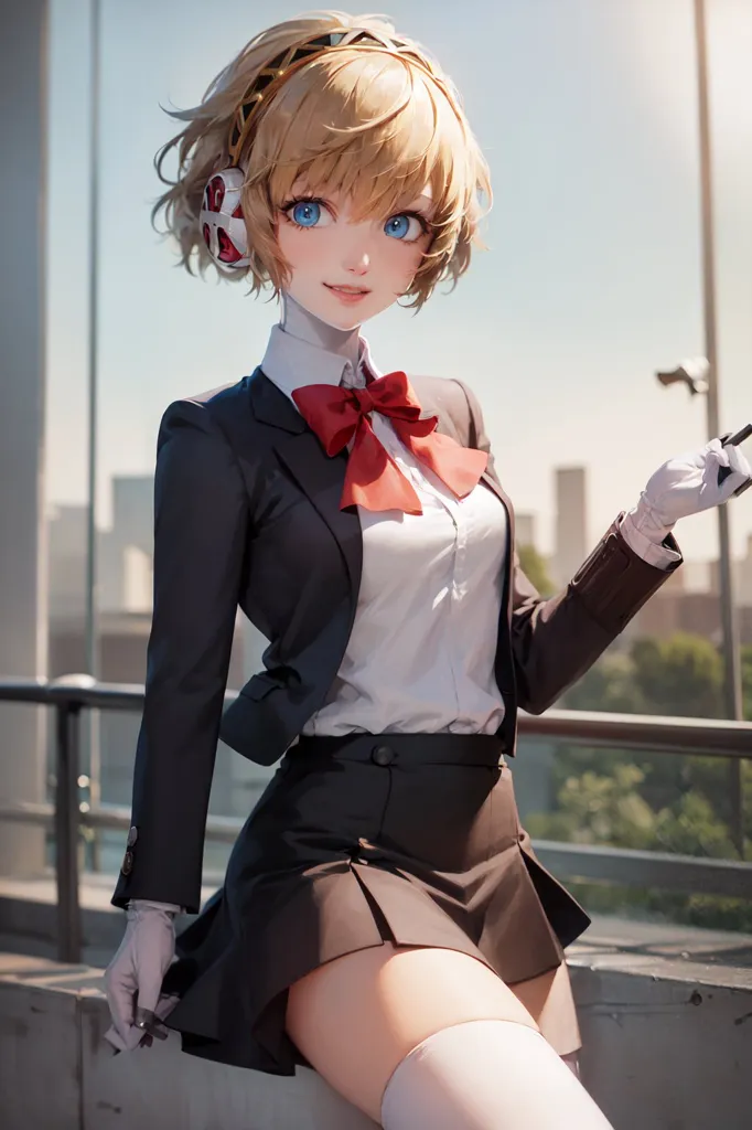 The image is an anime-style drawing of a young woman. She is wearing a black suit jacket, a white blouse, and a red bow tie. She also has on a pair of white gloves and a pair of headphones. Her blonde hair is cut short and she has blue eyes. She is standing on a rooftop and there is a cityscape in the background.