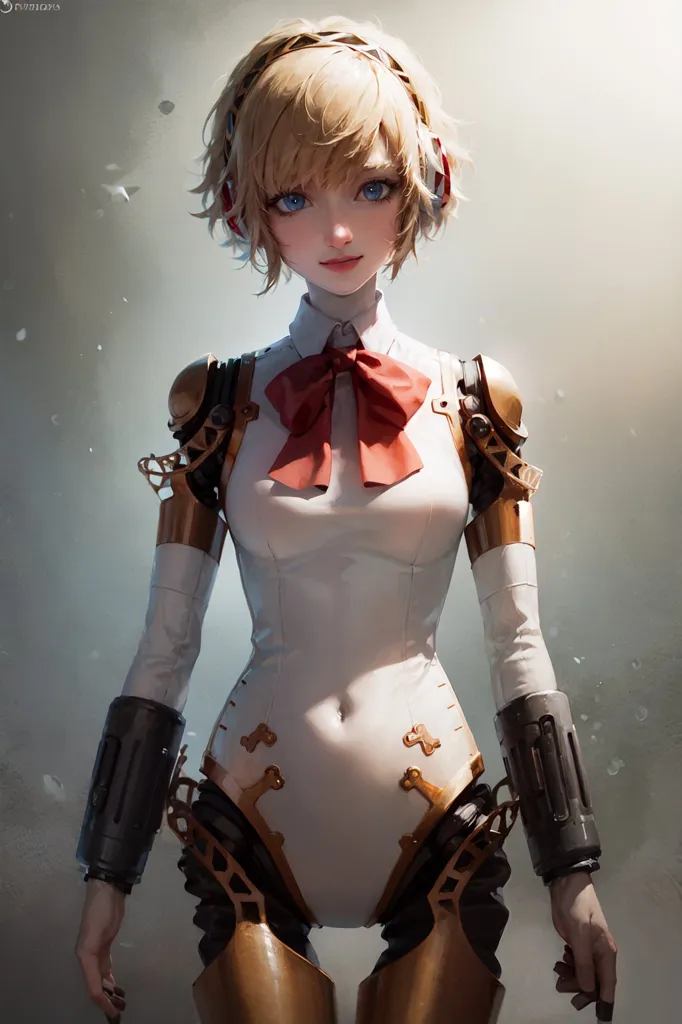 The image depicts a young woman with short blonde hair and blue eyes. She is wearing a white bodysuit with a red bow tie. The bodysuit has brown mechanical parts on the arms and legs. She is also wearing brown boots. The background is a blurred light gray.