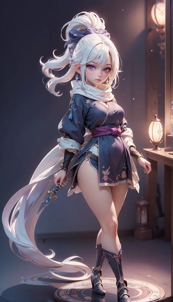 The image is an anime-style drawing of a young woman. She has long white hair and purple eyes. She is wearing a blue and white kimono with a purple obi. She is also wearing a pair of black boots. She is standing in a dark room with a lantern on the right side of her.