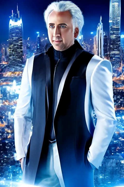 Ceci est une image de Nicolas Cage. Il porte un costume blanc avec un gilet noir et un pantalon noir. Ses cheveux sont blancs et il a un léger sourire sur le visage. Il se tient devant une ville futuriste. Il y a de grands bâtiments et des lumières vives en arrière-plan. Le ciel est sombre et il y a des nuages à l'horizon.