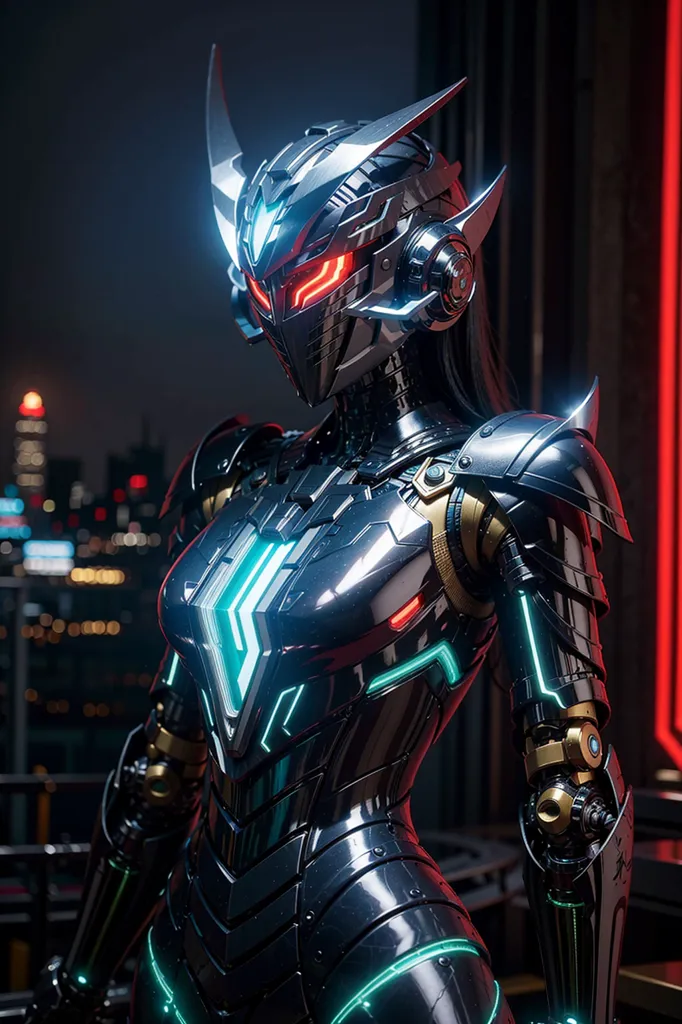 The image shows a female cyborg standing on a rooftop at night. She is wearing a black and silver bodysuit with green and red lights. Her helmet has a visor and a pair of horns. She is looking at the view of the city.