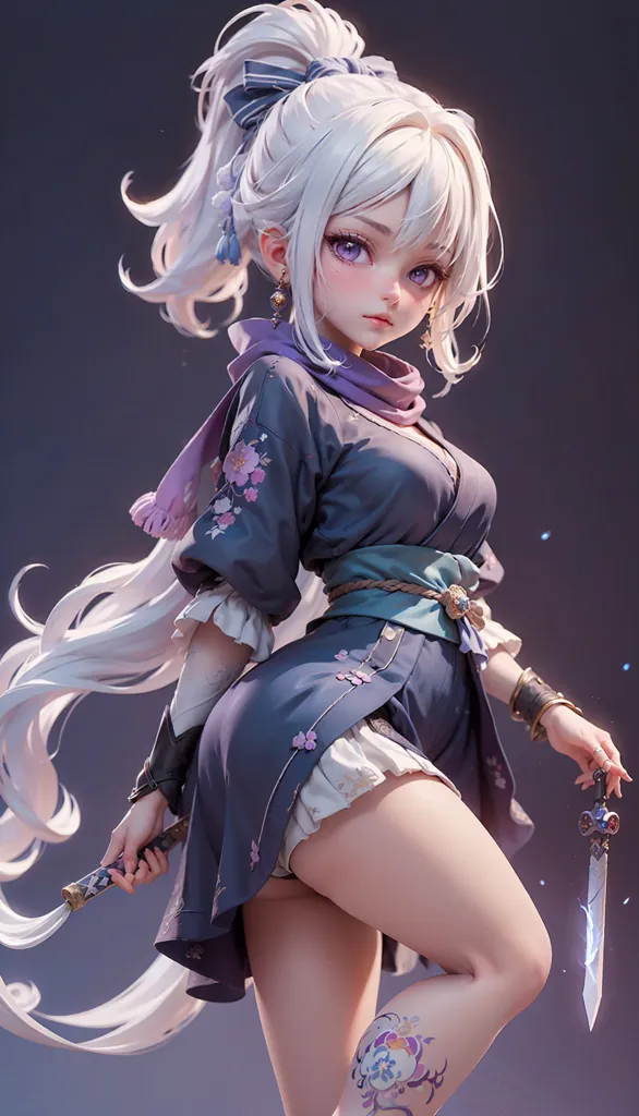 La imagen es una pintura digital de una mujer joven con un kimono. Tiene el cabello blanco largo y ojos púrpura. Lleva un kimono de color púrpura y azul con un obi blanco. También lleva un haori blanco con un patrón floral. Sostiene una katana en su mano derecha y un wakizashi en su mano izquierda. Tiene un tatuaje en su pierna derecha. El fondo es de color azul oscuro.