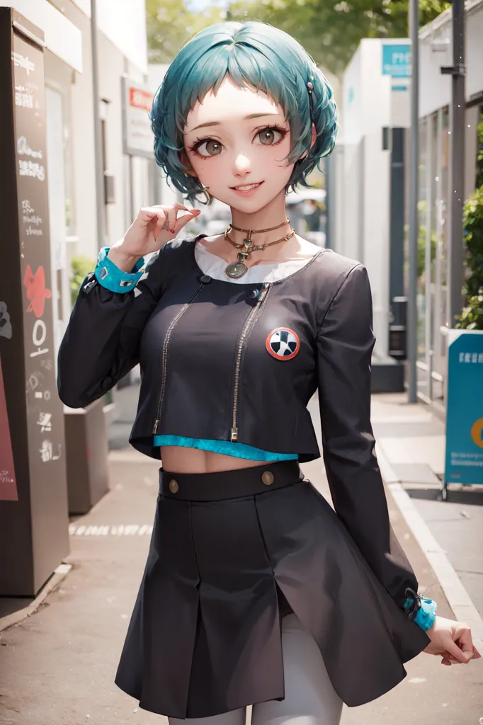 This is an image of a young woman with blue hair and brown eyes. She is wearing a black cropped jacket with a white collar and a black pleated skirt. She is also wearing a necklace with a blue pendant. She is standing in an urban setting, with buildings and trees in the background.