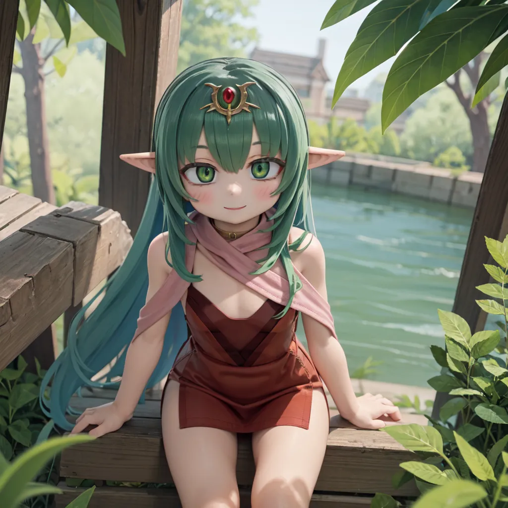 The image is of an anime-style elf girl with green hair and eyes. She is wearing a brown dress with a pink sash and has a green gem on her forehead. She is sitting on a wooden railing in a lush green forest. There is a river in the background and a stone bridge in the distance.